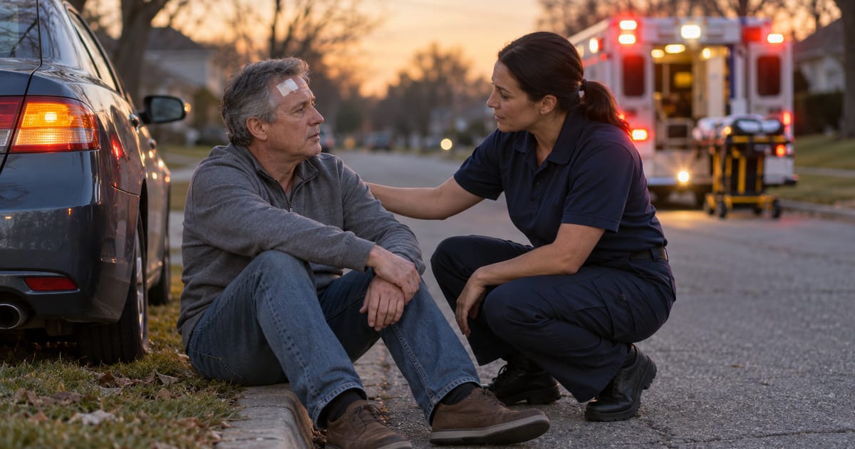 A paramedic in a navy uniform crouches beside a man with a bandage on his forehead who sits on a curb next to a car, an ambulance behind