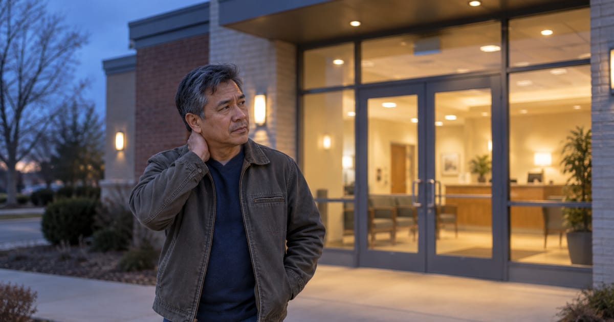 At dusk, a man in a canvas work jacket holds the back of his neck outside a lit glass entrance with a waiting room and reception desk inside
