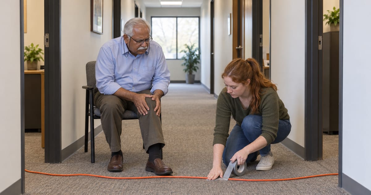 An older man seated in an office hallway holds his knee as a red-haired woman kneels to tape down an orange extension cord across the carpet