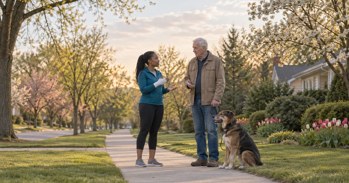 A woman in a teal running jacket raises her bandaged hand as she talks on a sidewalk with an older man holding a seated dog on a leash