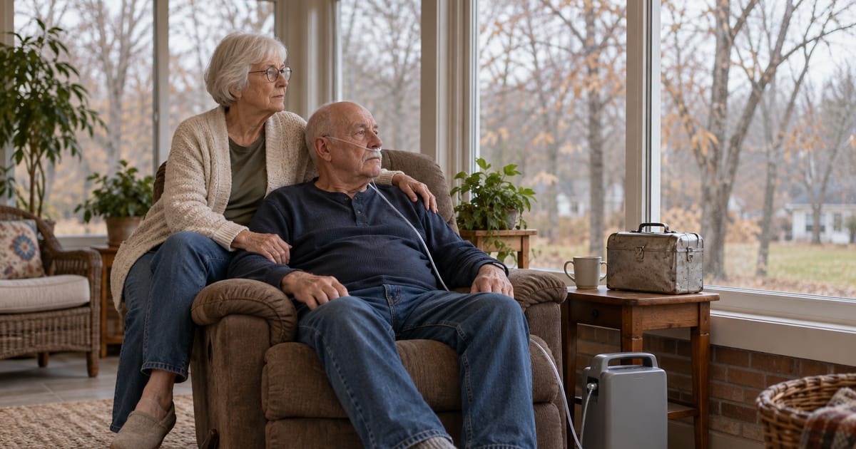 An older man wearing an oxygen cannula sits in a recliner as a white-haired woman holds his shoulder, a worn metal lunch box nearby
