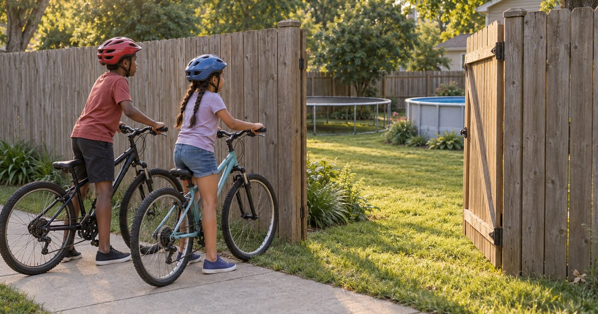 Two children in bike helmets pause with their bikes on a sidewalk, looking through an open fence gate at a backyard trampoline and pool