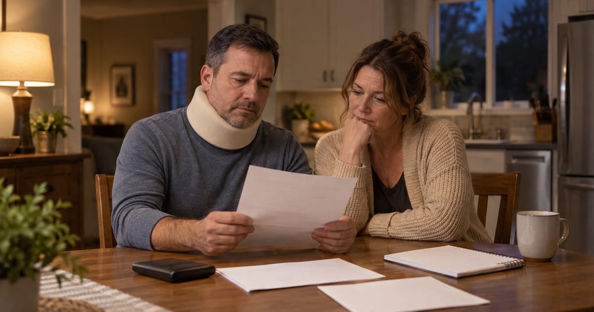A man in a foam neck collar reads a sheet of paper at a kitchen table in the evening as a woman beside him looks on, chin in her hand