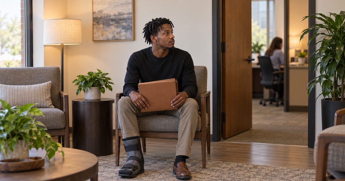 A young man with a walking boot on one foot sits in an office waiting area holding a brown folder on his lap, glancing toward an open door