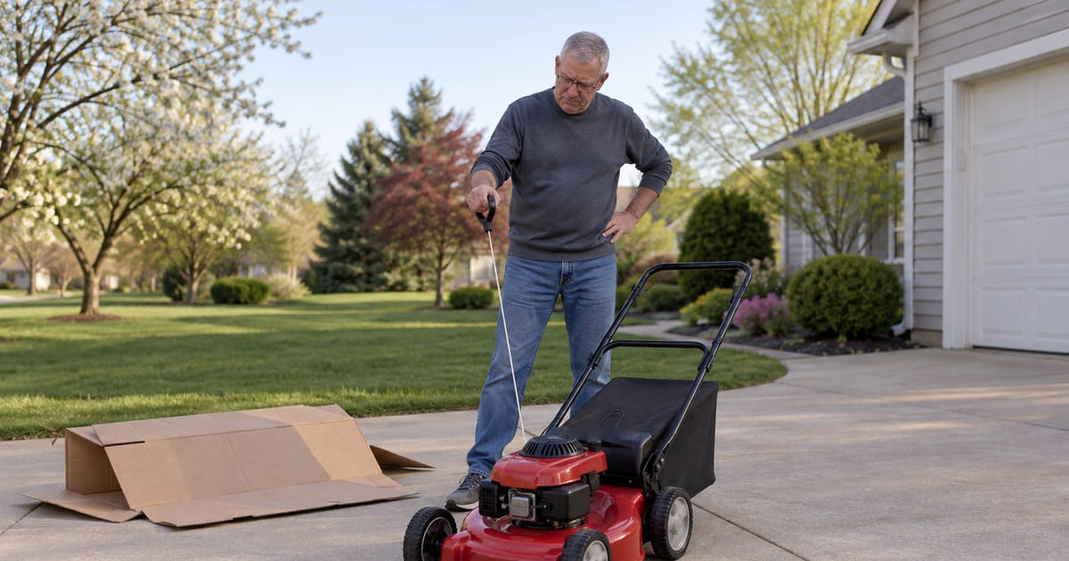 A frowning older man in glasses holds the starter cord handle of a red push mower in a driveway, an open cardboard box beside him