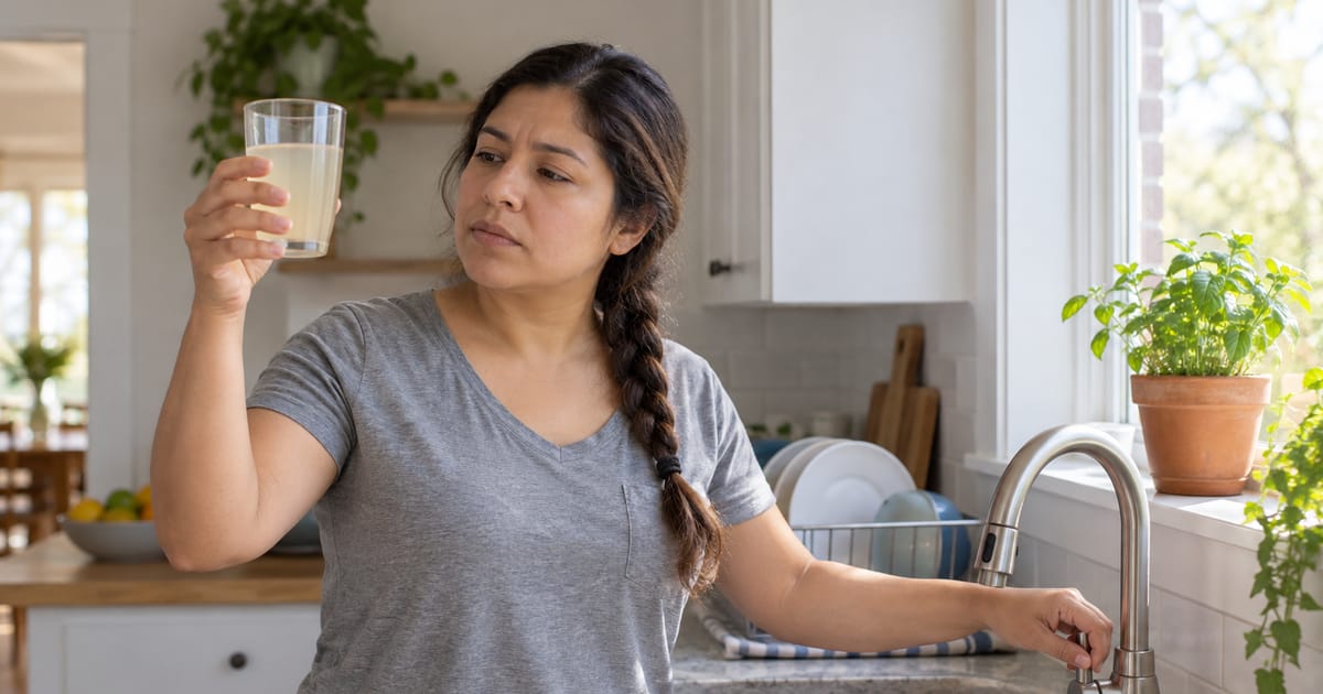 A woman with a long dark braid frowns at a glass of cloudy, yellowish water held up to the light, her other hand on the kitchen faucet