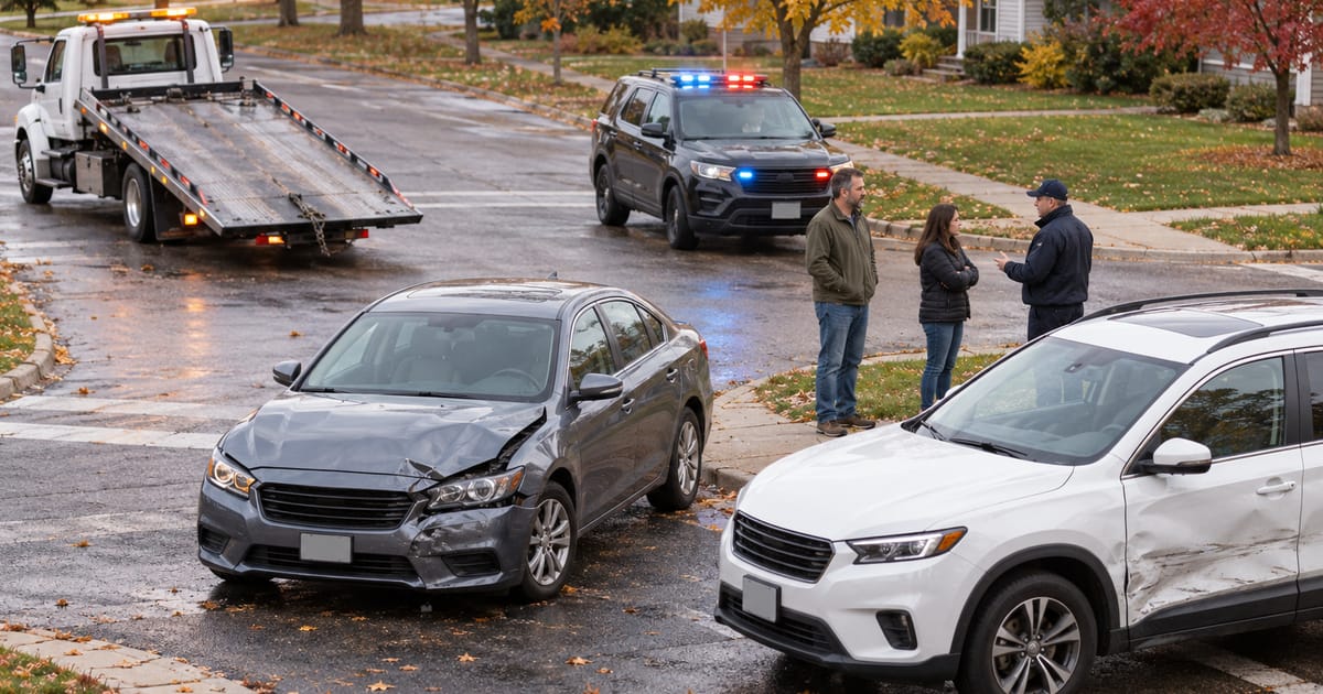 Two damaged cars sit in an autumn intersection as an officer talks with a man and a woman, with a police SUV and a tow truck behind