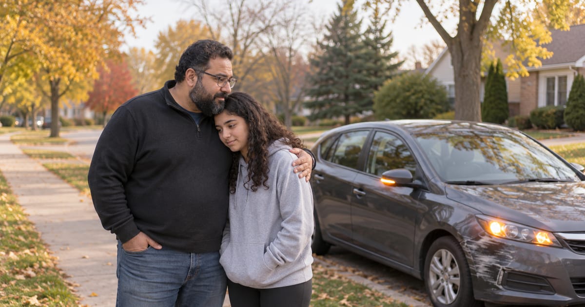 A bearded man in glasses hugs a teenage girl in a gray hoodie on a sidewalk beside a parked hatchback with a scraped front bumper