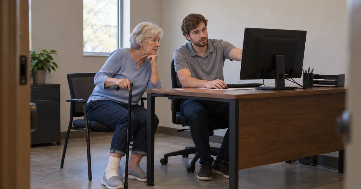 An older woman with a cane and a bandaged ankle watches a computer monitor at a desk as a young man in a gray polo points at the screen
