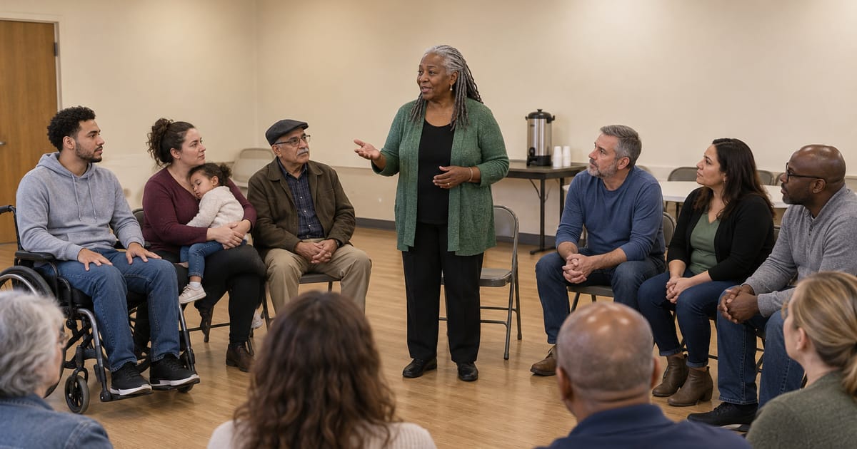 A woman in a green cardigan speaks to people seated in a circle, among them a man in a wheelchair and a woman with a sleeping toddler