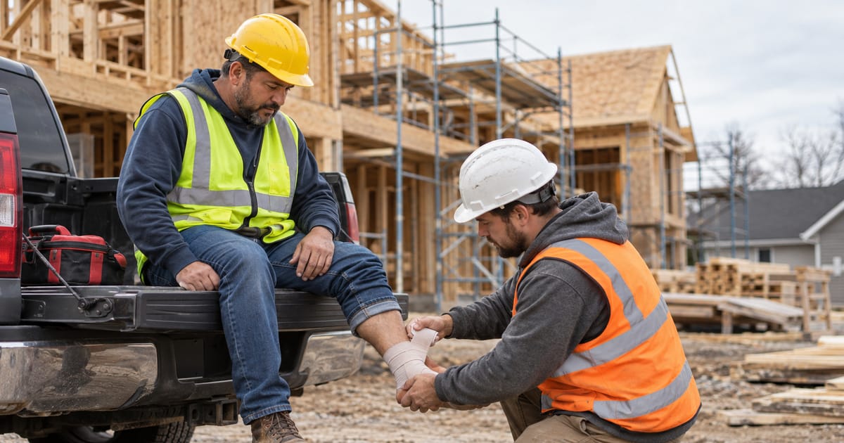 A construction worker in a hard hat and safety vest sits on a pickup tailgate while a coworker kneels to wrap his ankle in an elastic bandage