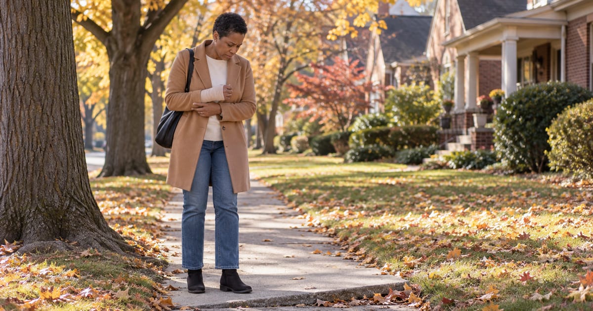 A woman in a camel coat cradles her bandaged wrist while standing at the raised edge of an uneven, leaf-strewn sidewalk slab