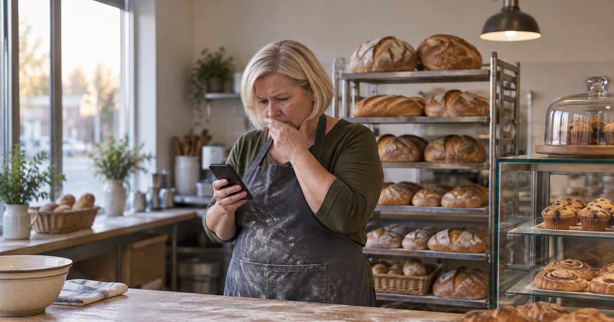 A troubled woman in a flour-dusted apron reads her phone with a hand over her mouth in a bakery, racks of bread loaves behind her