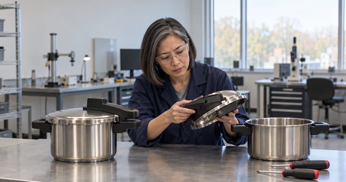 A woman in safety glasses and a lab coat examines a pressure cooker lid at a steel bench beside a closed cooker, an open pot and screwdrivers