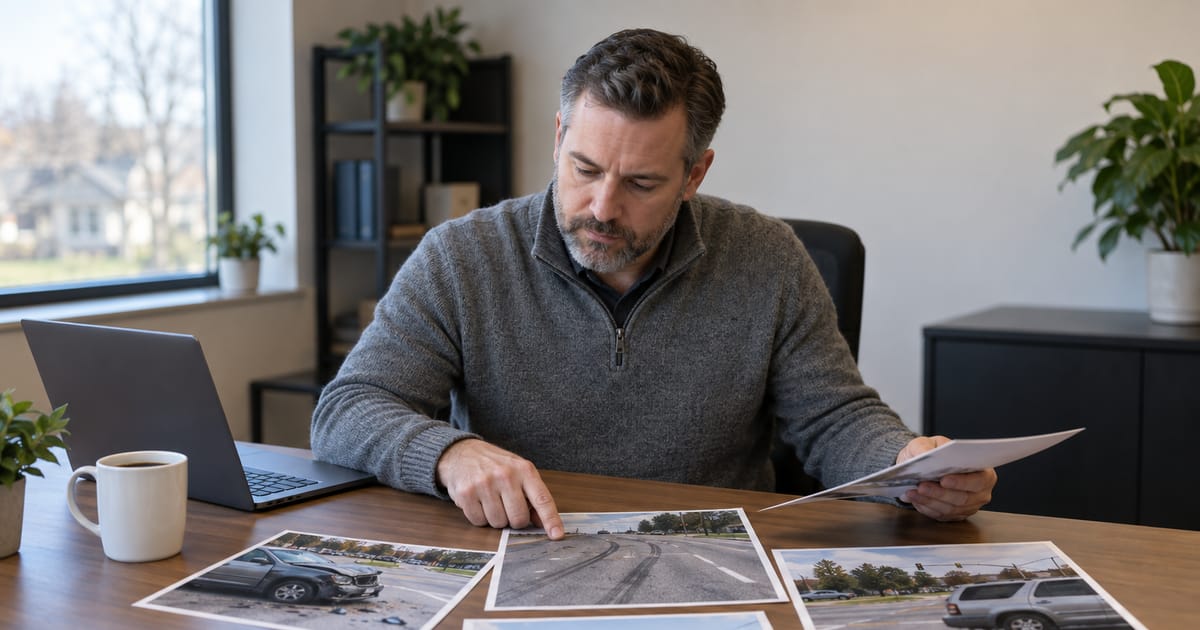 A man in a gray sweater points to a printed photo of skid marks among crash scene photos spread on his desk, with a laptop and mug nearby