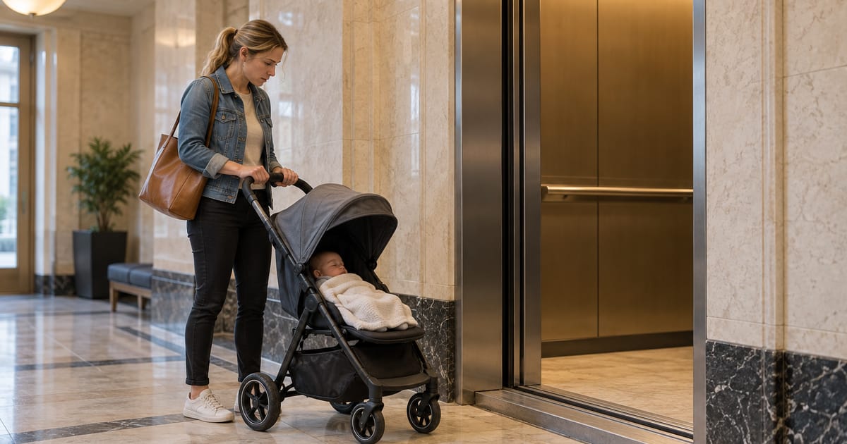 A woman in a denim jacket looks down as she stops her stroller, a baby asleep inside, before an open elevator with a raised threshold