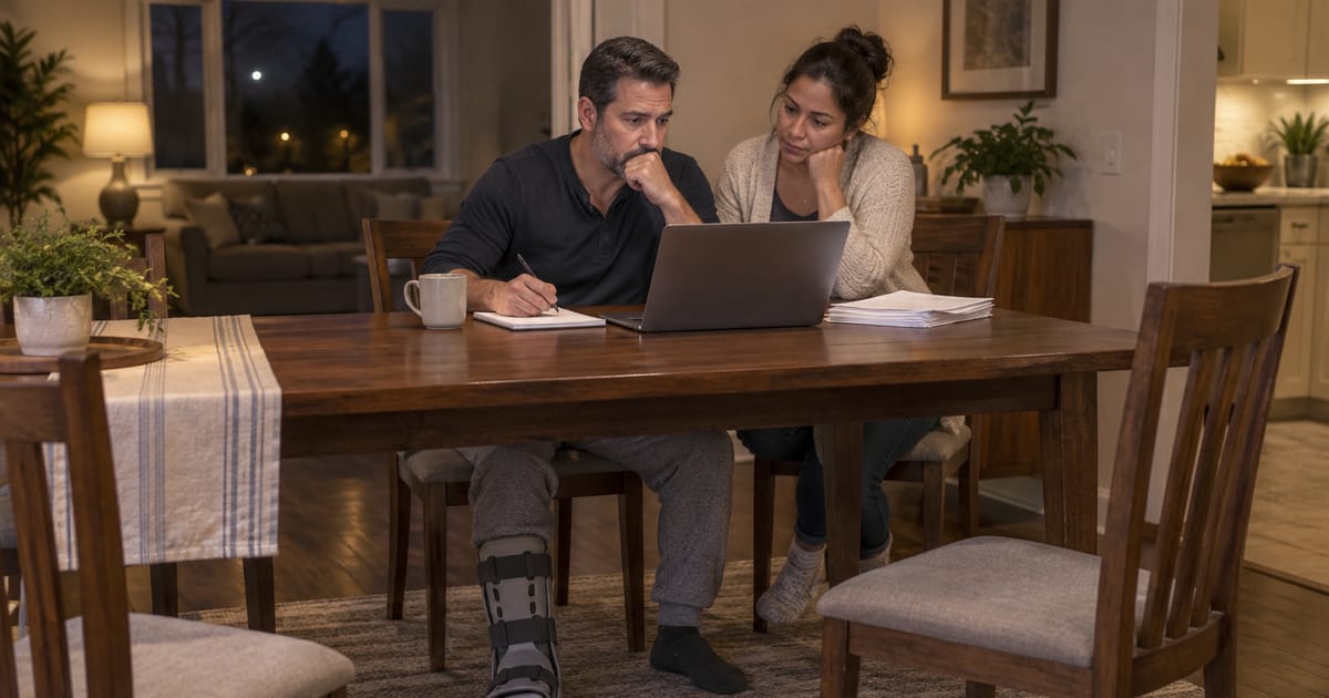 A man with a walking boot on one foot takes notes at a dining table at night while the woman beside him looks at the laptop