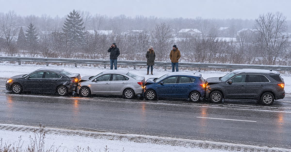 An SUV and three cars sit crumpled nose to tail on a snowy highway as three people in winter coats wait by the guardrail, one on a phone