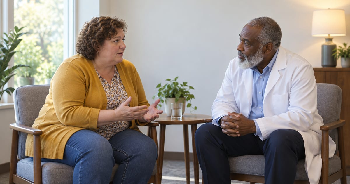 A woman in a mustard cardigan gestures as she talks to a gray-bearded doctor in a white coat, who listens with his hands clasped