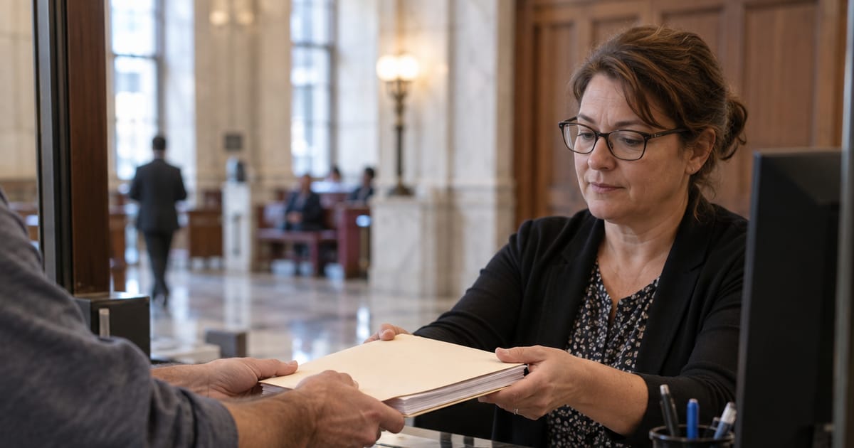 A person hands a thick folder of papers across a marble service counter to a clerk in glasses, with a columned hall and benches behind her
