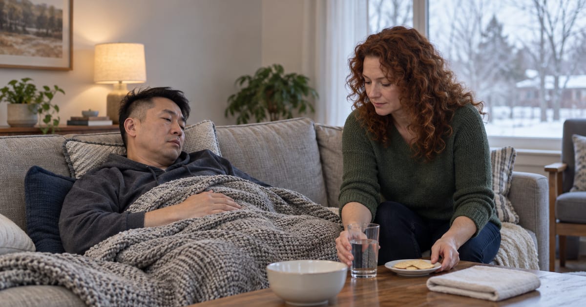 A woman in a green sweater sets down water and crackers beside a man lying under a knit blanket on a couch, one hand on his stomach