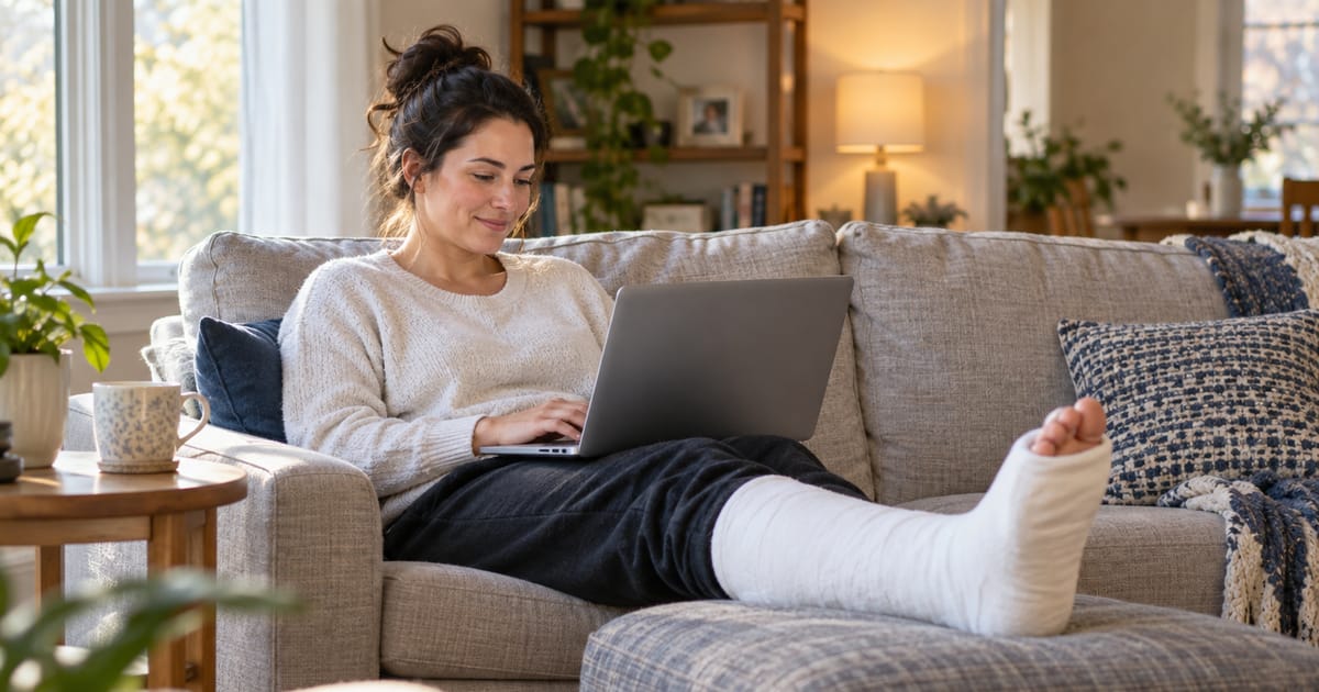 A smiling woman on a sofa types on a laptop, her leg in a white cast propped on an ottoman and a mug on the table beside her