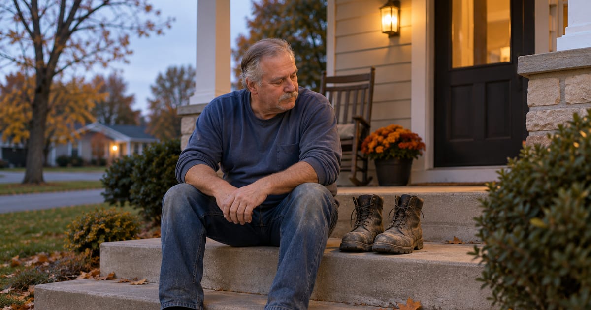 A gray-haired man with a mustache sits on porch steps at dusk, forearms on his knees, looking at a pair of worn work boots beside him