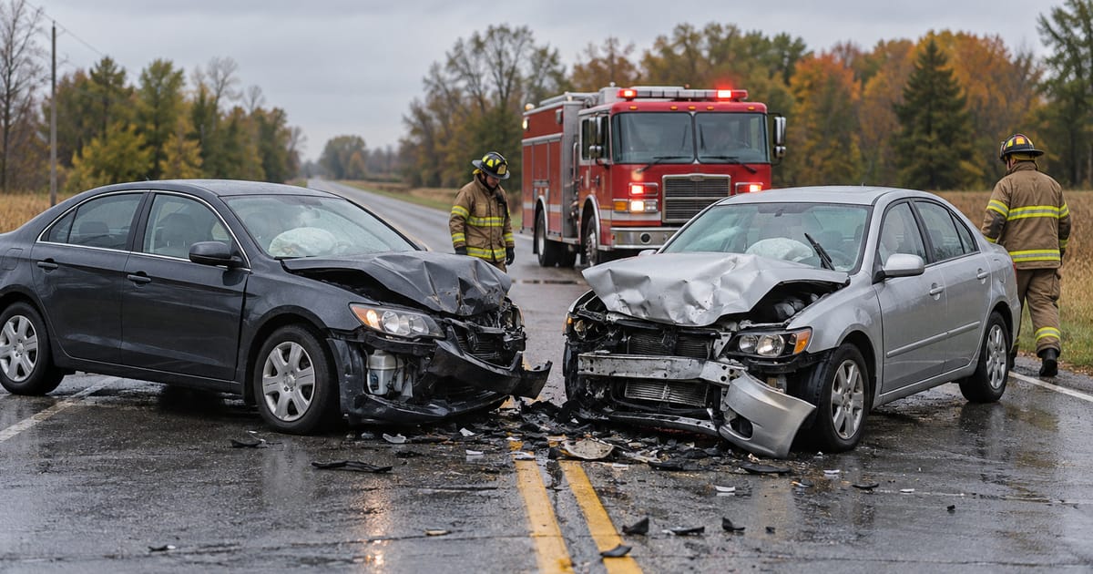 Two sedans with crushed front ends and deployed airbags sit nose to nose on a wet two-lane road, with firefighters and a fire truck behind