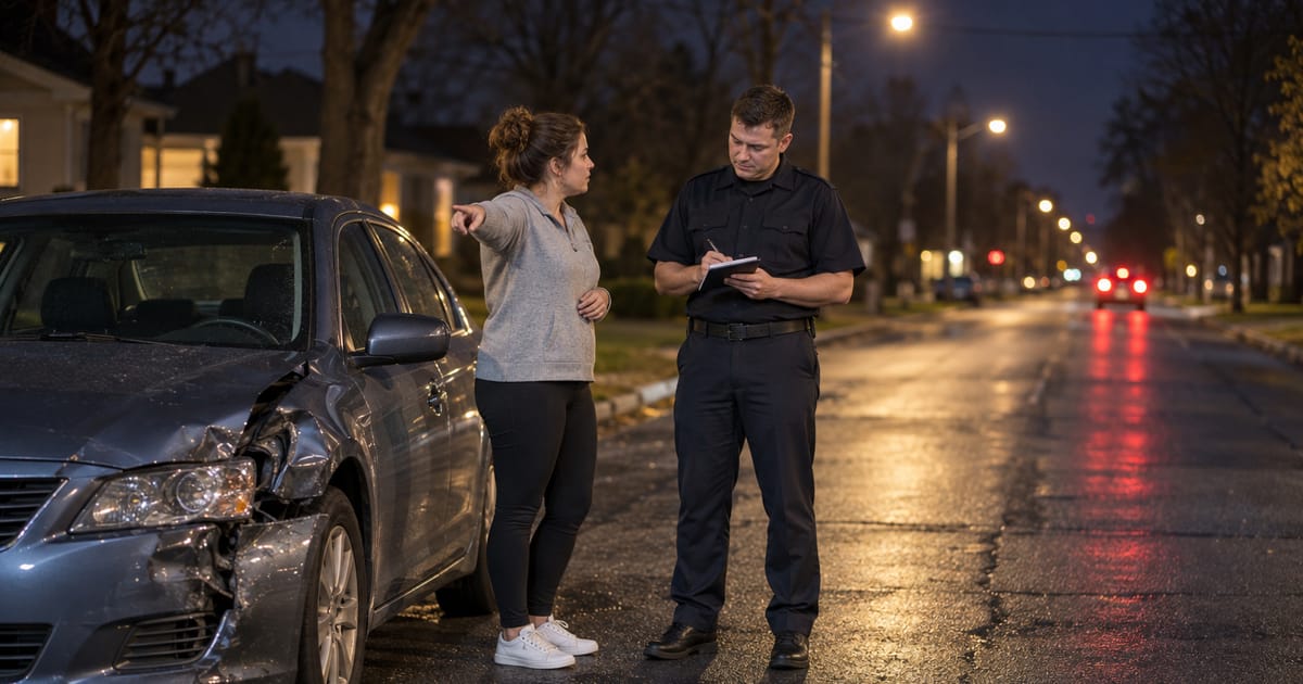 On a wet street at night, a woman beside a car with a crumpled front fender points off to the side as a uniformed officer takes notes