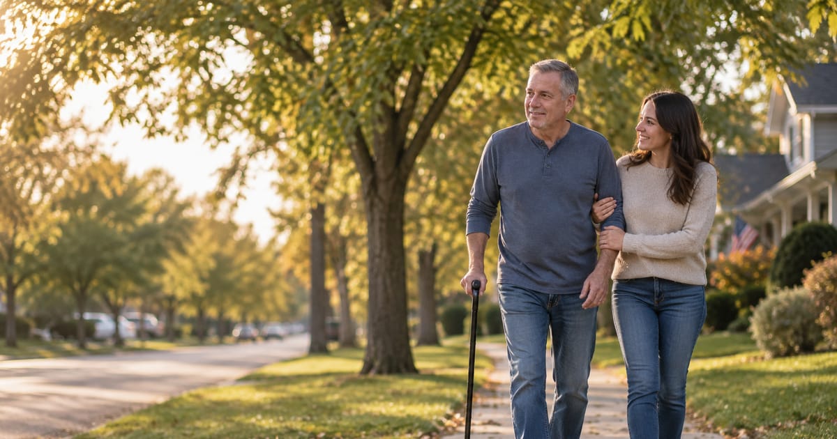 A smiling man walks with a cane along a sunny, tree-lined sidewalk, arm in arm with a smiling woman
