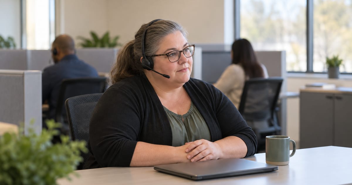 A woman in glasses and a phone headset listens with her hands folded beside a closed laptop and a mug in an open-plan office