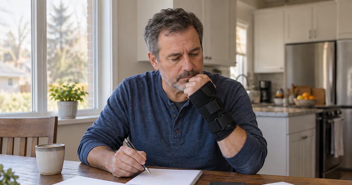 A gray-haired man in a black wrist brace writes on a notepad at a kitchen table, his chin resting on his braced hand