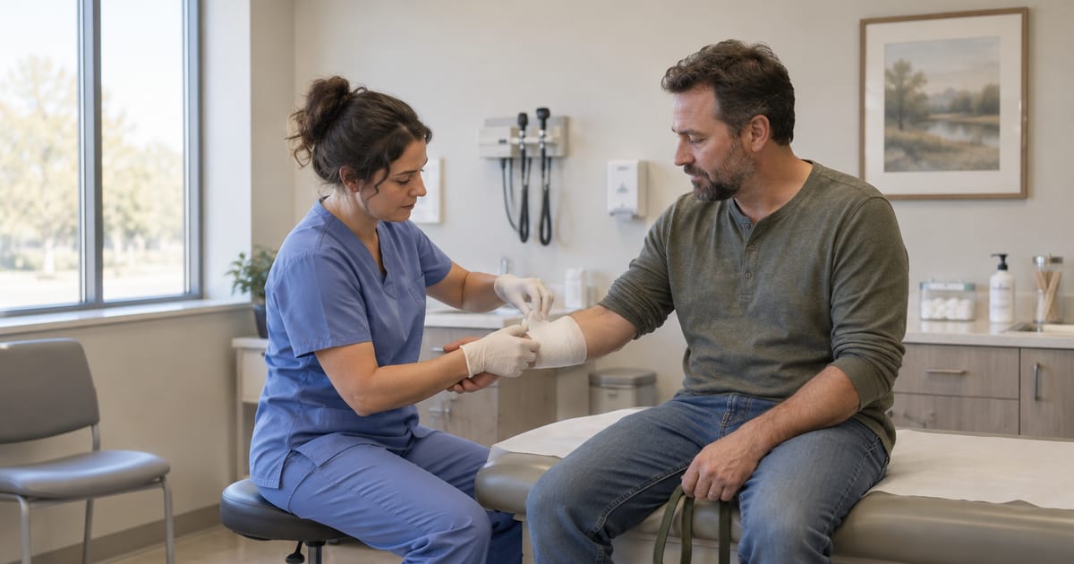 A nurse in blue scrubs and gloves wraps a white bandage around the forearm of a man on an exam table who holds a dog leash