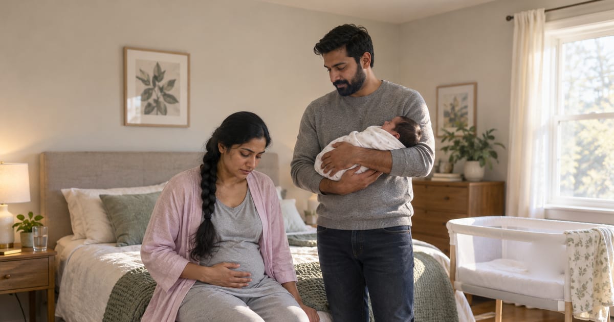 A woman in a pink cardigan sits on the edge of a bed with a hand on her abdomen as a bearded man beside her cradles a sleeping newborn
