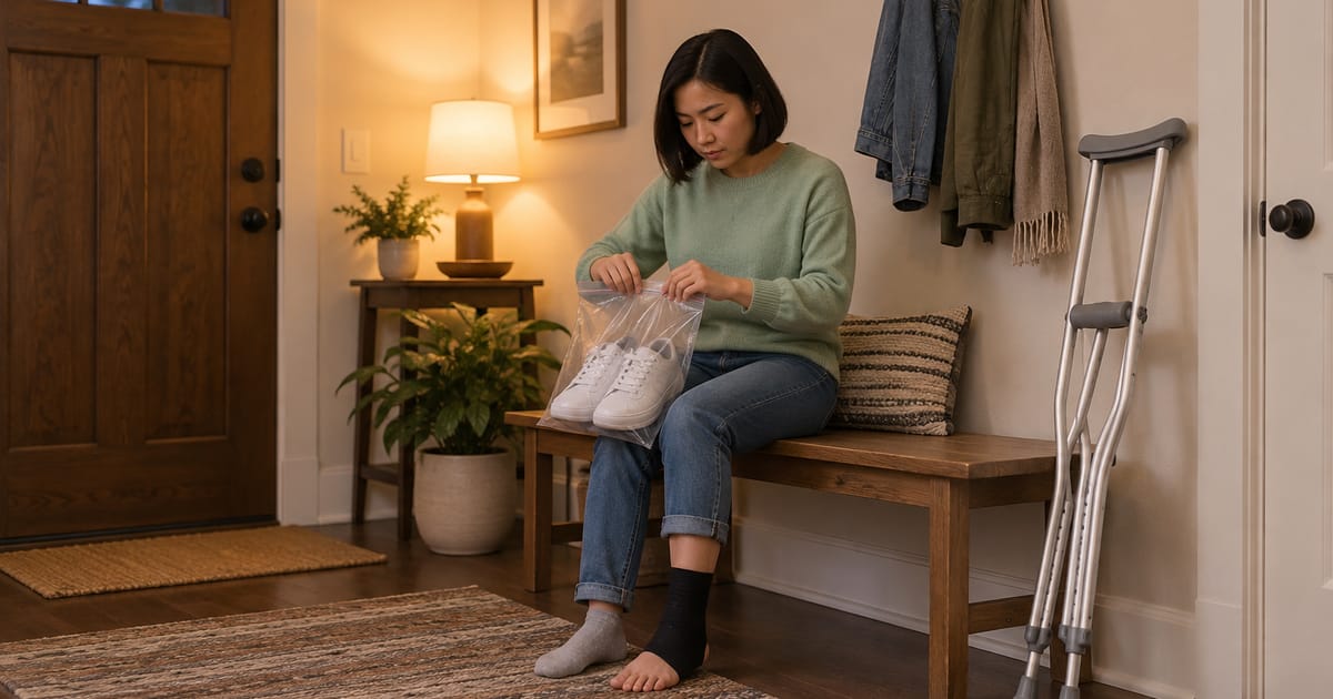 A woman with a wrapped ankle sits on an entryway bench sealing white sneakers in a clear plastic bag, a pair of crutches leaning nearby