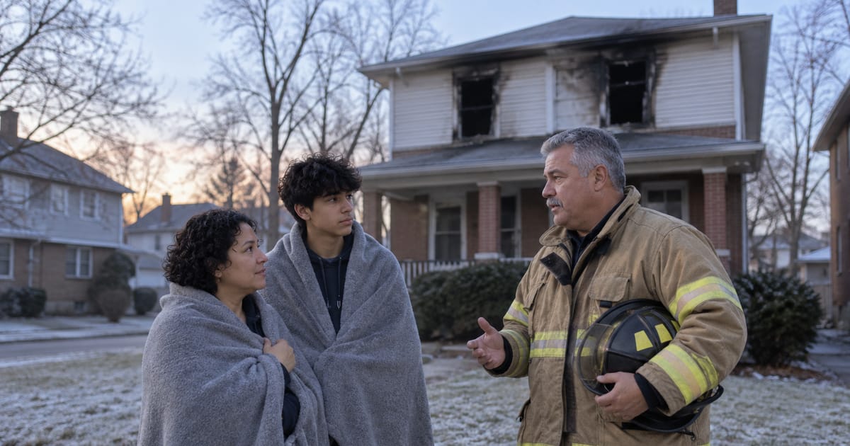 A firefighter holding his helmet talks with a woman and a teenage boy wrapped in gray blankets outside a house with smoke-blackened windows