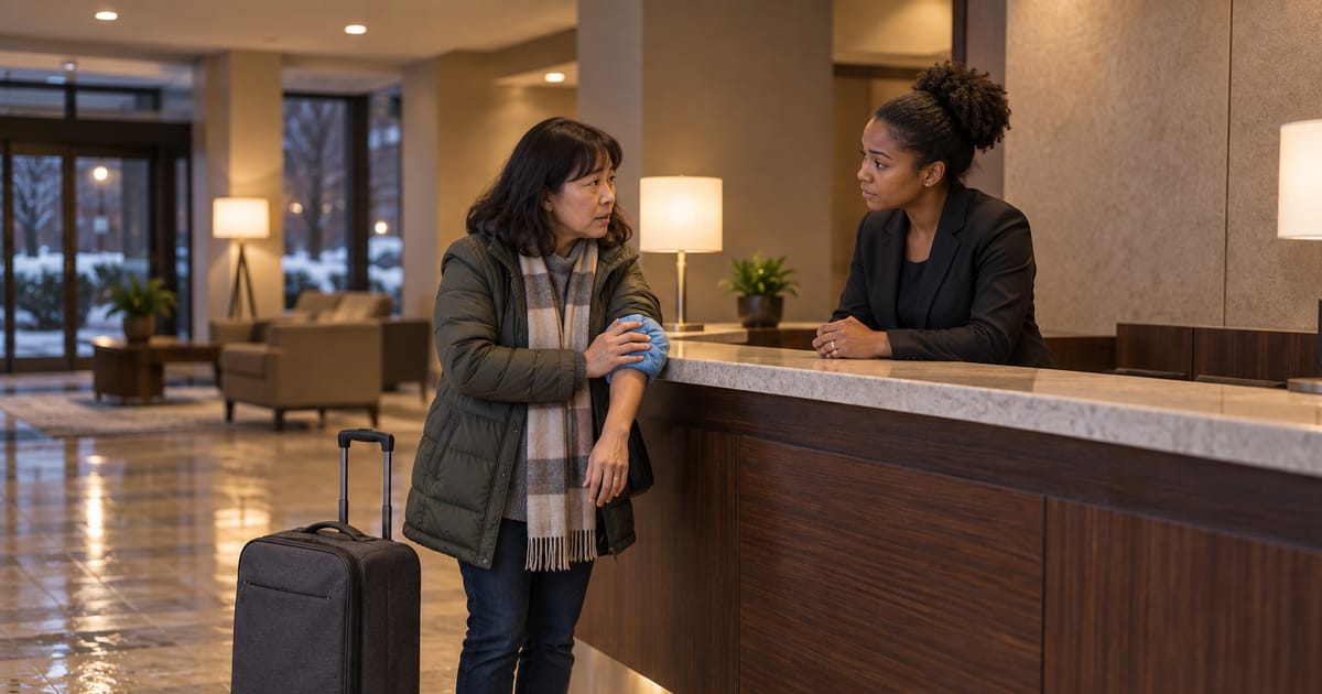 A woman with a rolling suitcase holds an ice pack to her elbow as she talks to a woman in a dark blazer behind a hotel front desk