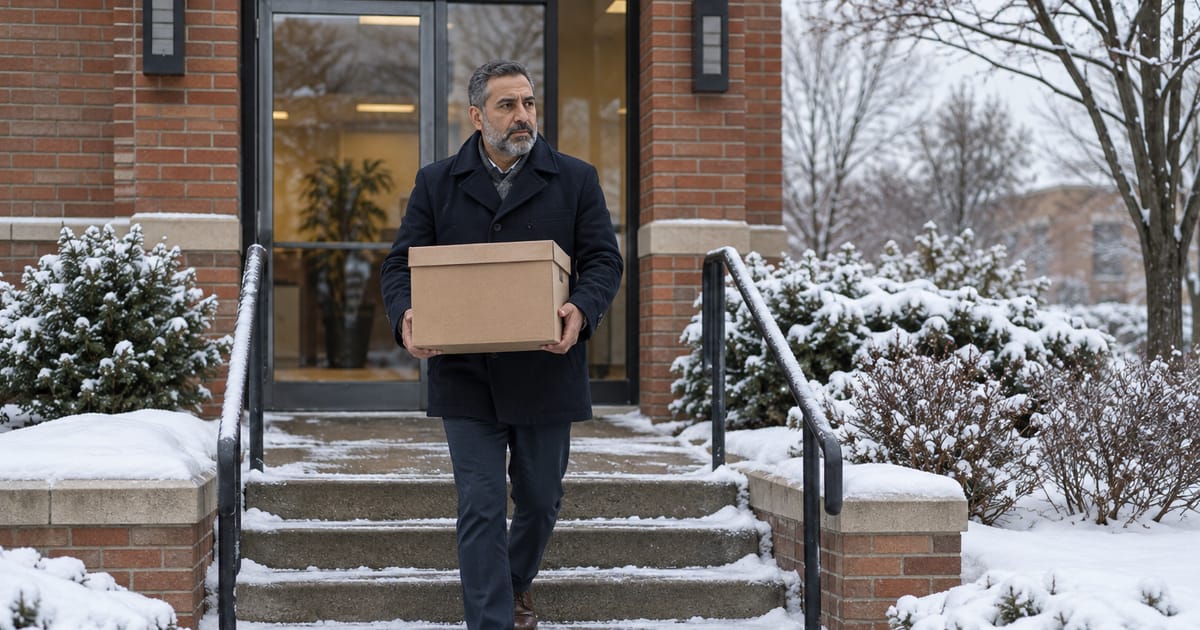 A gray-bearded man in a dark wool coat carries a lidded cardboard file box down the snowy front steps of a brick office building