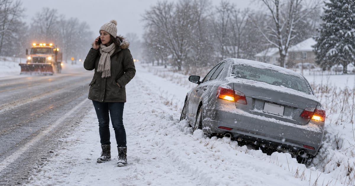 A woman in a winter coat talks on a phone on a snowy roadside beside a silver sedan in a snowbank, with a snowplow down the road