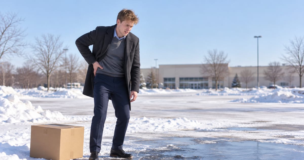A young man in a dark overcoat and dress shoes winces and holds his hip beside an icy patch in a snowy parking lot, a cardboard box nearby