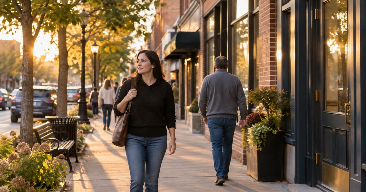 A woman with a leather tote walks down a downtown sidewalk lined with brick storefronts and street trees at golden hour