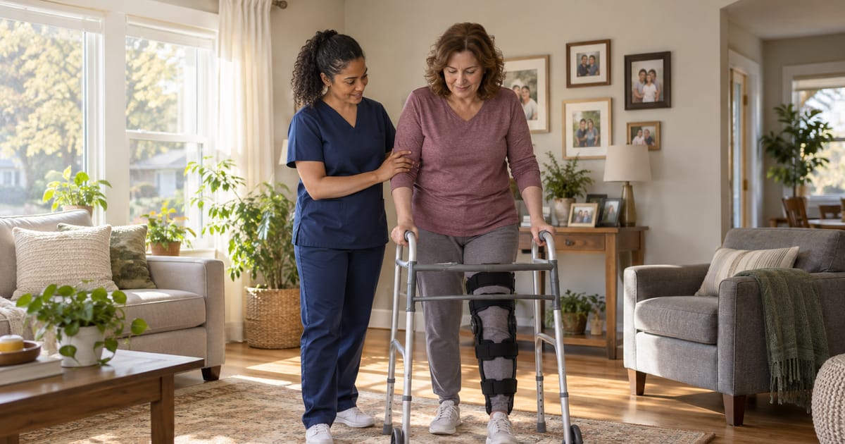 A caregiver in navy scrubs holds the arm of a woman in a knee brace as she walks with a walker across a sunny living room