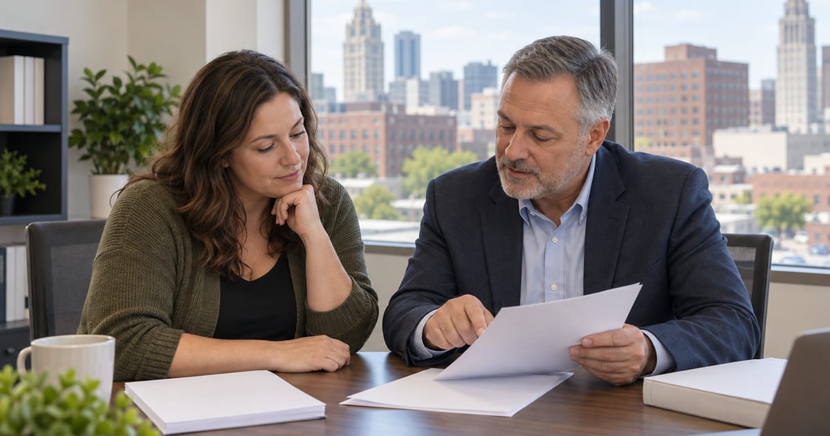 A man in a navy blazer points to a sheet of paper as a woman in an olive cardigan looks at it, in an office with a city view