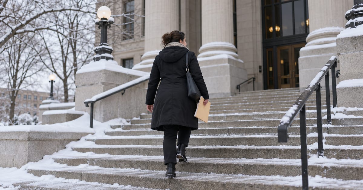 A woman in a black winter coat carries a manila folder up the snowy stone steps of a columned building with tall doors