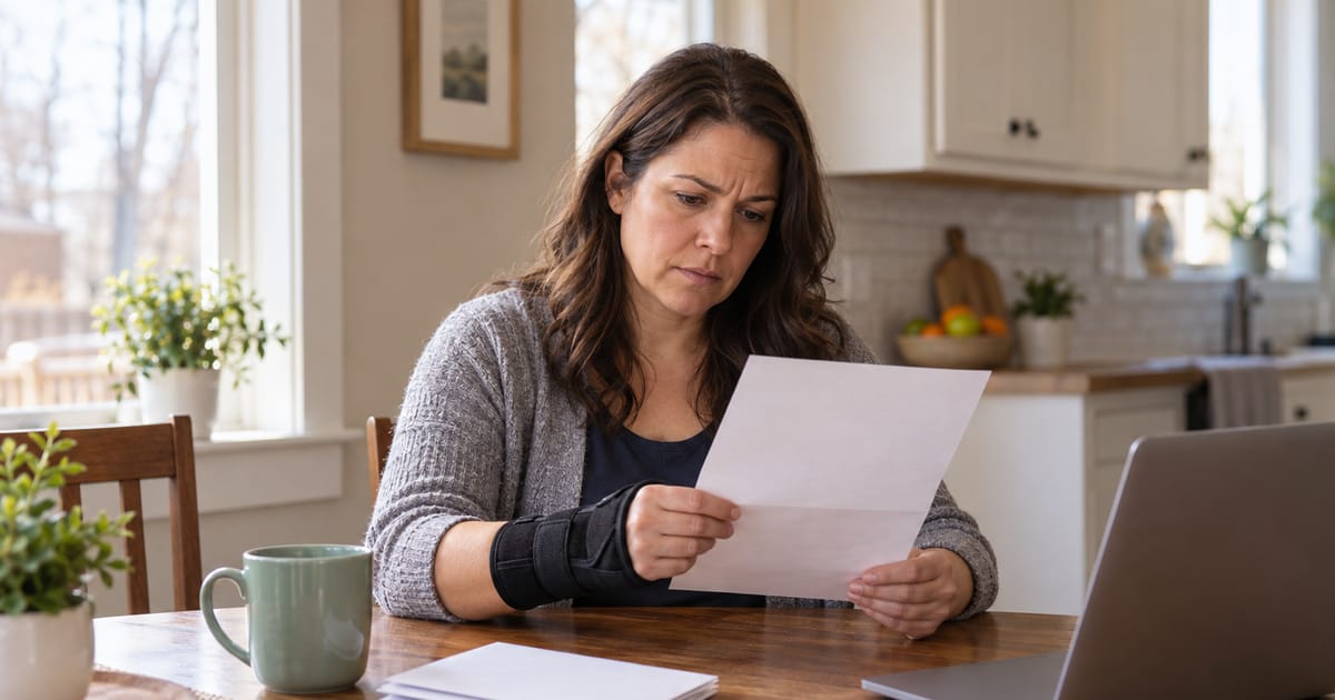 A woman wearing a black wrist brace frowns as she reads a letter at a kitchen table with a mug, a stack of papers and a laptop