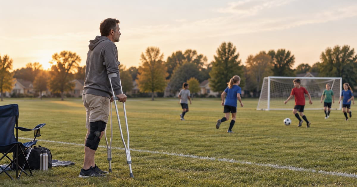 A man in a knee brace stands on crutches at the edge of a grass field, watching children play soccer at sunset