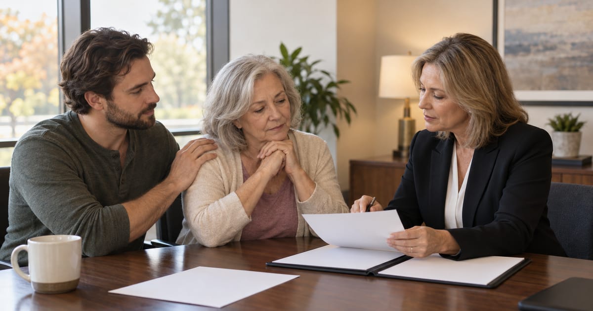 A gray-haired woman sits with a younger man's hand on her shoulder as a woman in a dark blazer explains a document at a conference table
