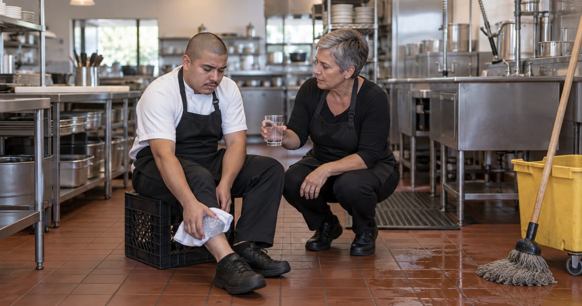 A young cook on a crate holds a towel-wrapped ice pack to his leg as a woman in a black apron crouches beside him with a glass of water