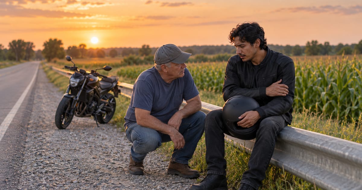 A young man on a roadside guardrail holds his arm and a helmet as an older man in a cap crouches beside him, a motorcycle nearby