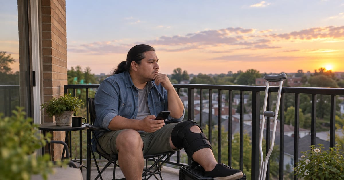 A man with a long ponytail sits on a balcony at sunset holding a phone, his braced knee propped up and a crutch leaning on the railing